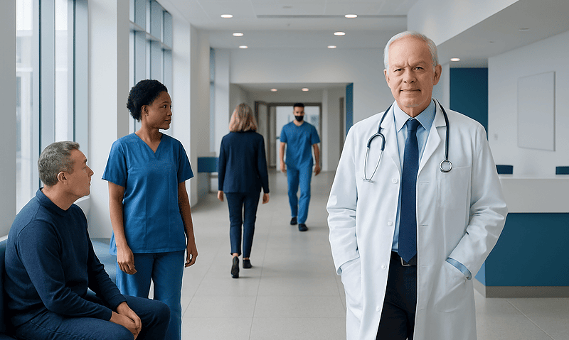 Pramipexole — Explained by Medical Evidence, Not Myths 6 Medical team in hospital corridor with doctor and nurses.