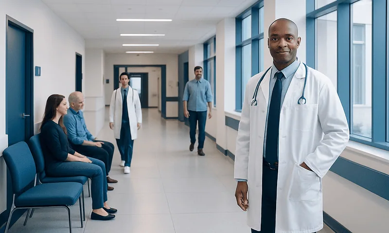 Doctor smiling in hospital corridor with patients waiting.