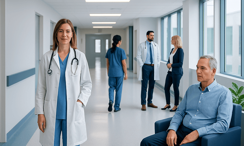 Medical professionals and a patient in a hospital corridor at Acibadem Hospitals Group.