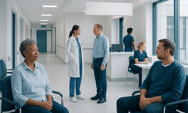 Patients and medical staff in a modern hospital corridor.