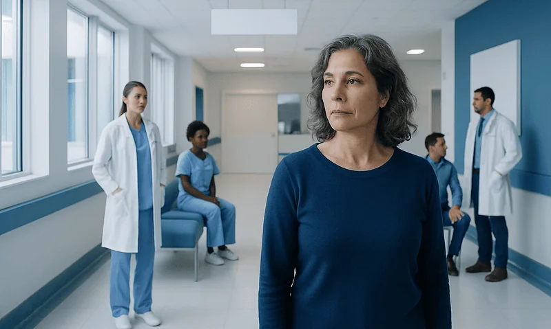 Pre-menopausal woman in hospital corridor with medical staff in background.