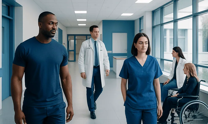 Healthcare professionals and patients in a hospital corridor.