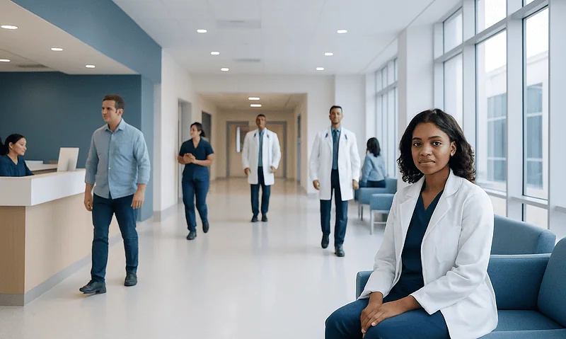 Diverse medical team in hospital corridor with patient waiting area.