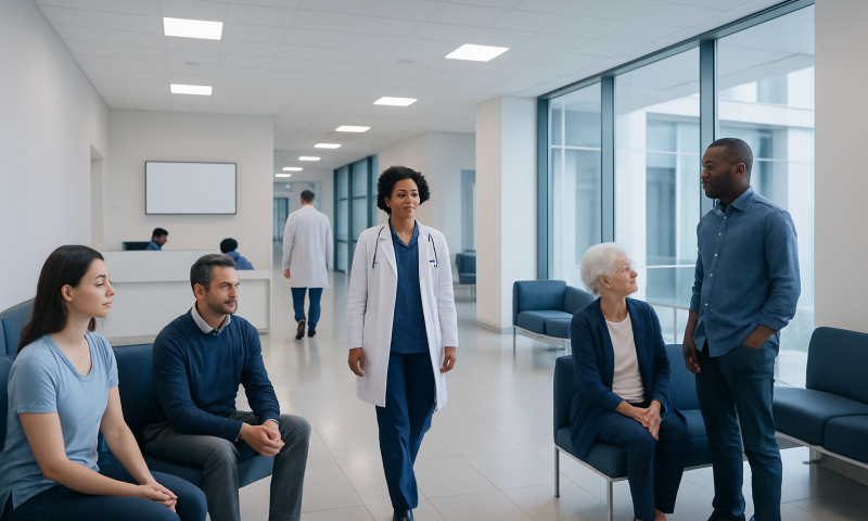 Healthcare professionals and patients in a modern hospital waiting area.