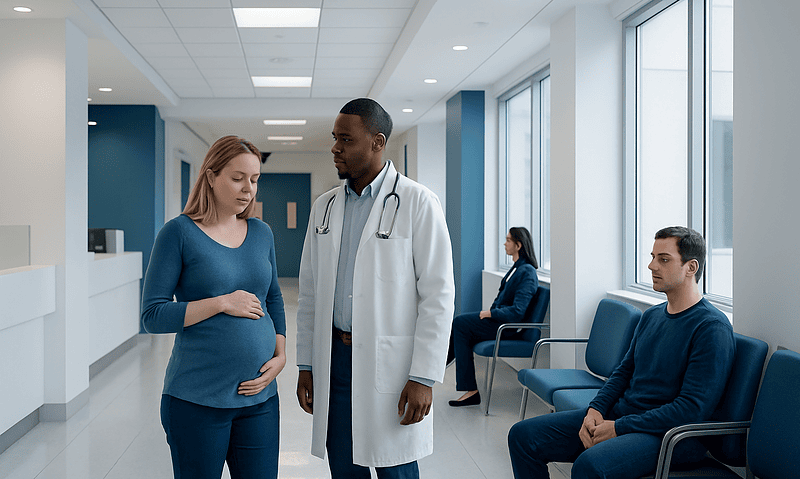 Pregnant woman consulting with a doctor in a hospital corridor.