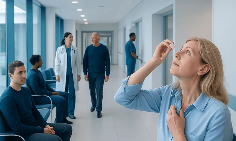 Patients waiting in a hospital corridor with medical staff and a visitor.