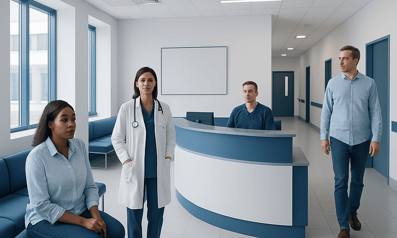 Medical team in hospital reception area at Acibadem Hospitals Group.
