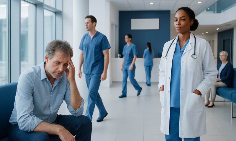 Patient experiencing discomfort in hospital waiting area with medical staff nearby.