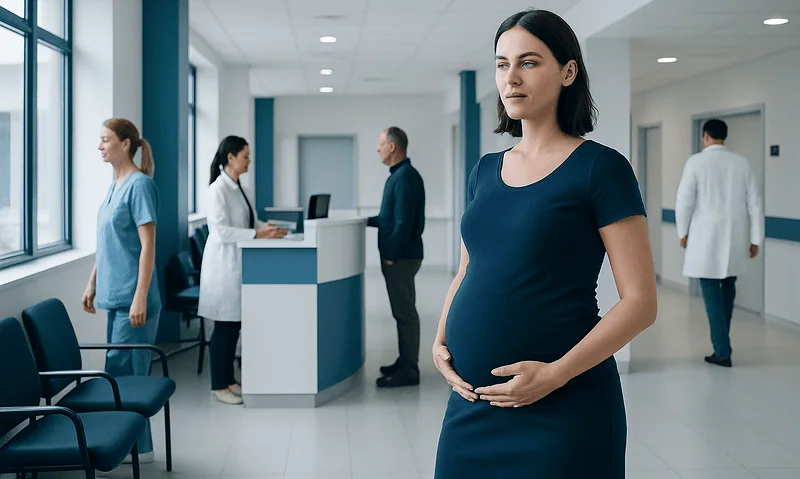 Pregnant woman waiting in hospital corridor at Acibadem Hospitals Group.