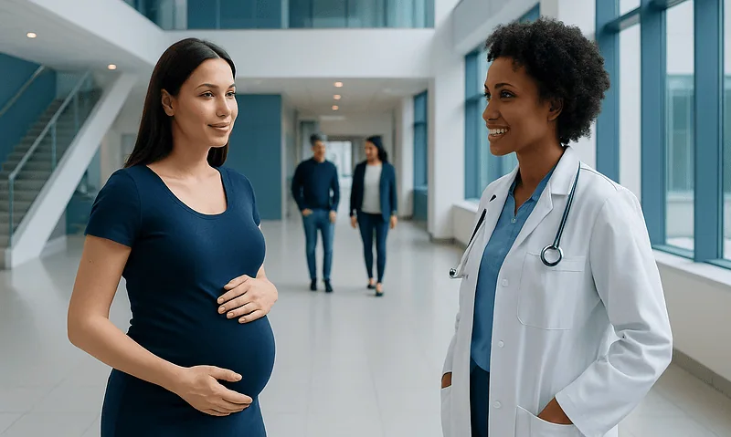 Pregnant woman consulting with a doctor at Acibadem Hospital.