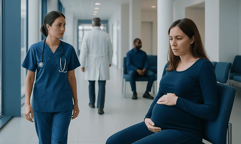 Pregnant woman consulting with healthcare professionals in hospital corridor.