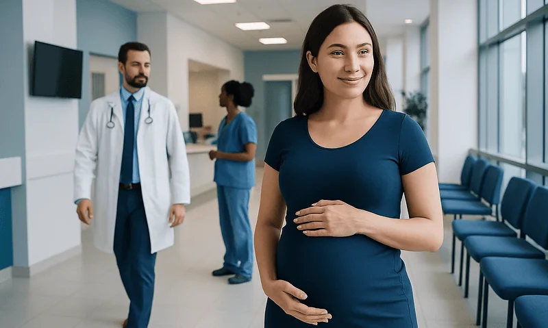 Pregnant woman in hospital corridor with medical staff in background.