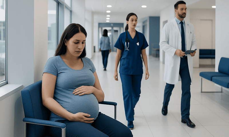 Pregnant woman waiting in hospital corridor with medical staff nearby.