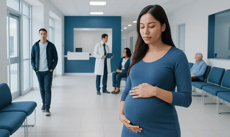 Pregnant woman in hospital waiting area with healthcare professionals nearby.