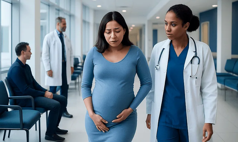 Pregnant woman experiencing pain with healthcare professionals nearby.