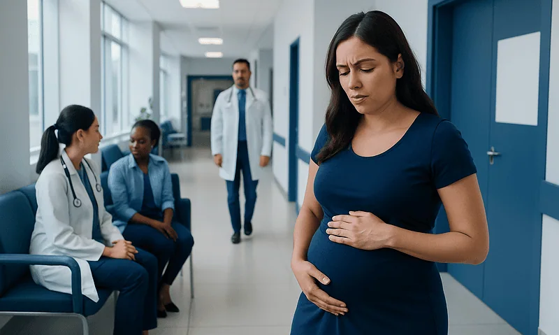 Pregnant Stomach Cramping: What Is Normal, What Is Not, and When to Seek Care 9 Pregnant woman experiencing stomach cramping in a hospital corridor.
