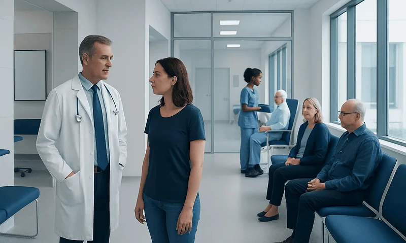 Doctor talking to a patient in a hospital corridor with waiting patients.