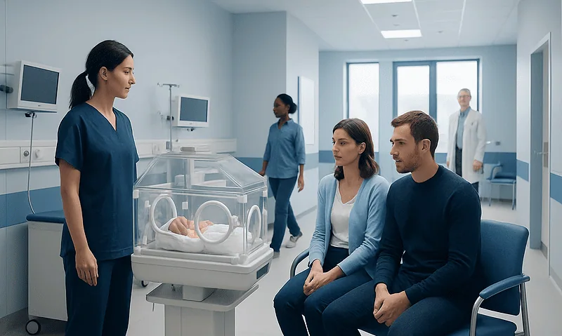 Newborn in incubator with medical staff and parents in hospital room.