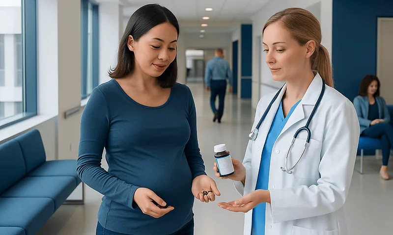 Pregnant woman consulting with a doctor about prenatal vitamins in hospital corridor.