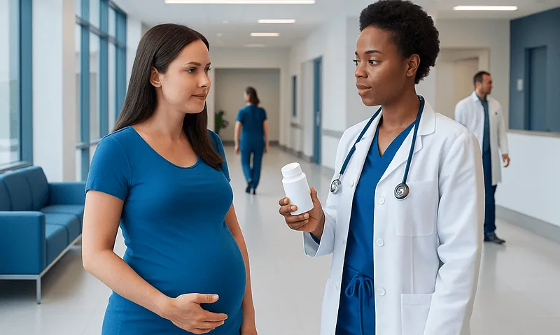 Pregnant woman consulting with a doctor in a hospital corridor.