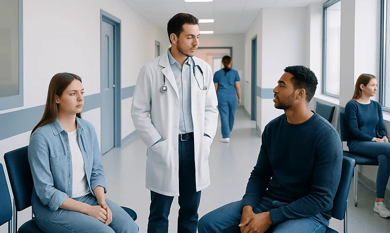 Doctor consulting with young patient in hospital corridor.