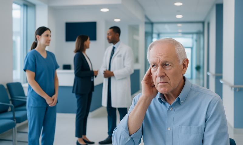 Elderly man experiencing hearing issues in a hospital setting.
