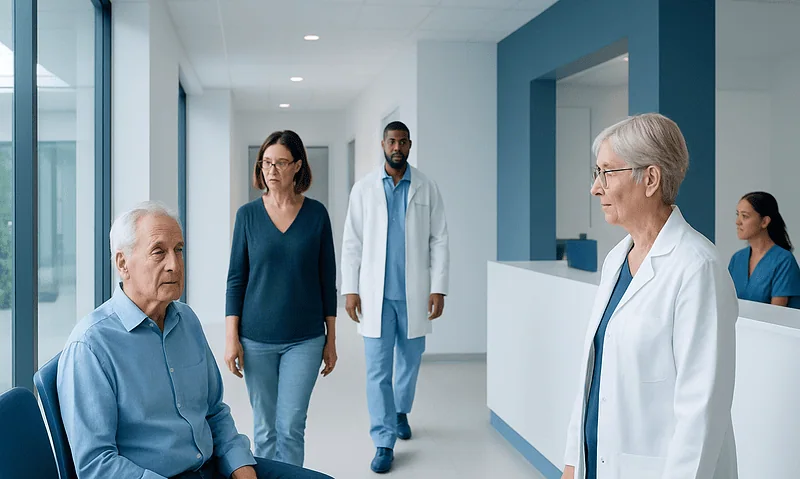 Presbyopia: What Patients Need to Know 4 Senior patient consulting with doctor in hospital corridor.