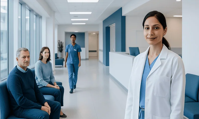 Healthcare professionals and patients in a modern hospital corridor.