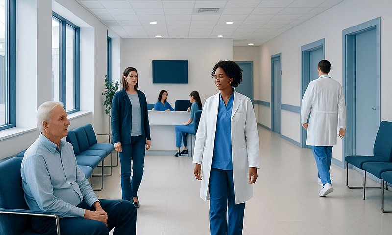 Patients and medical staff in a hospital waiting area at Acibadem Hospitals Group.
