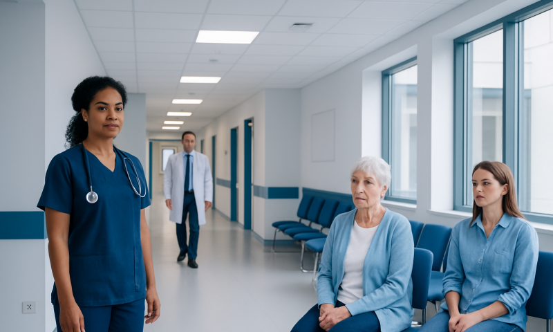 Nurse and patients in a hospital corridor at Acibadem Hospitals Group.