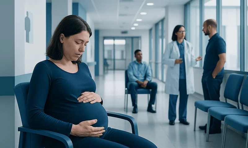 Pregnant woman waiting in hospital corridor for medical consultation.
