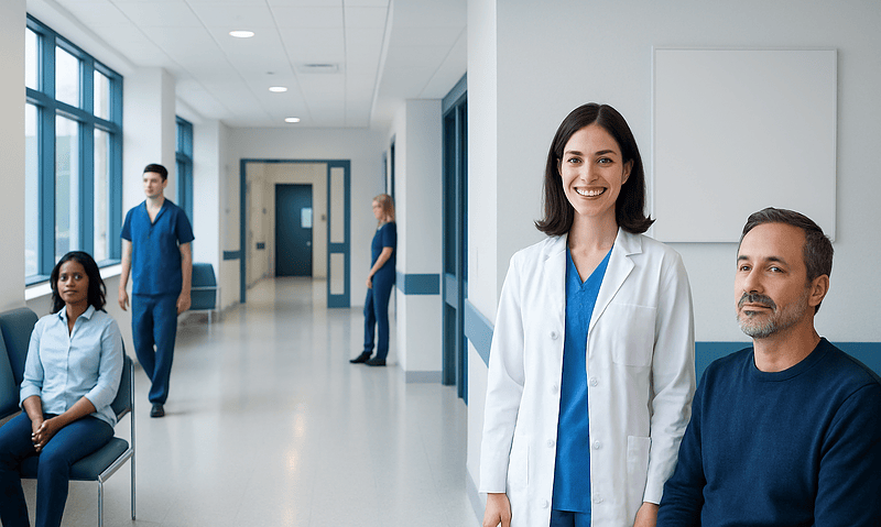 Healthcare professionals and patients in a modern hospital corridor.