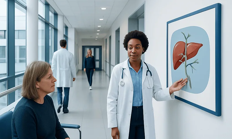 Doctor explaining liver anatomy to patient in hospital corridor.