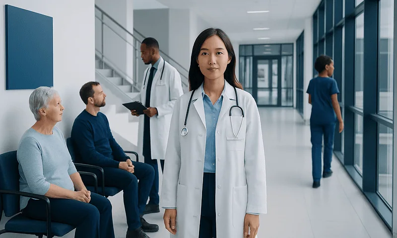 Medical professionals and patients in a modern hospital corridor.