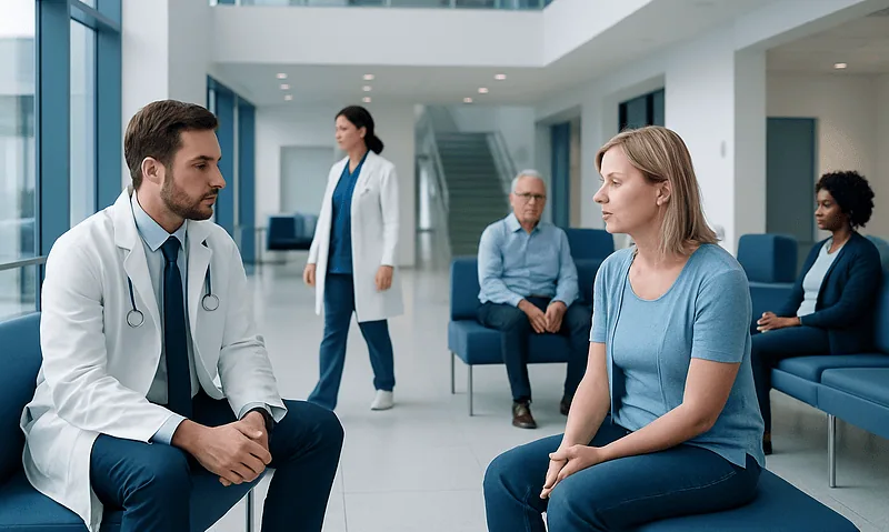 Doctor consulting female patient in hospital waiting area.