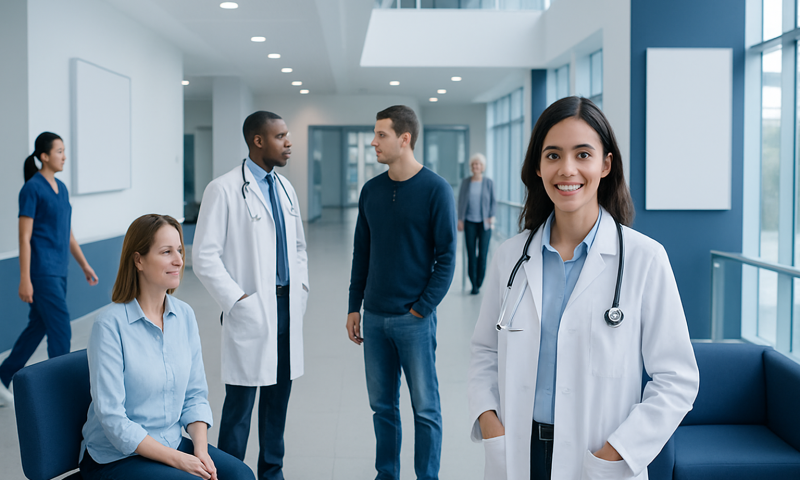 Healthcare professionals and patients in a modern hospital corridor.