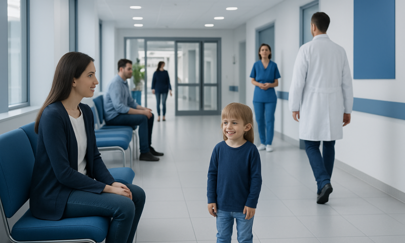 Child smiling at hospital waiting area with medical staff and visitors.