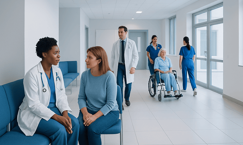 Medical team and patients in a hospital corridor at Acibadem Hospitals Group.