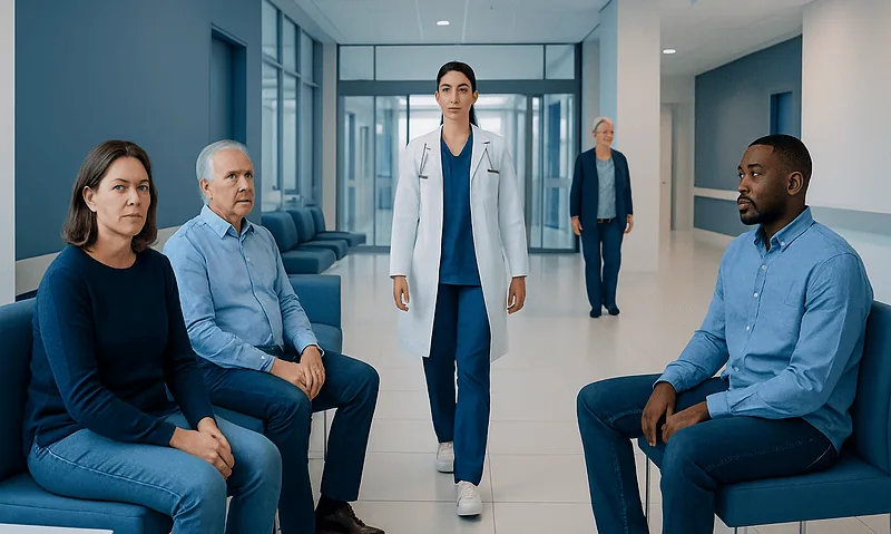 Medical consultation in hospital corridor with diverse patients and doctor.