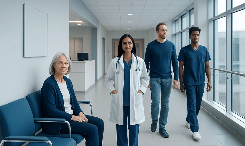 Medical team in hospital corridor with large windows and modern design.