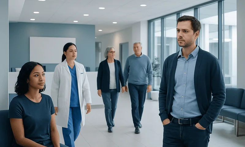 Medical team and patient in a modern hospital corridor.