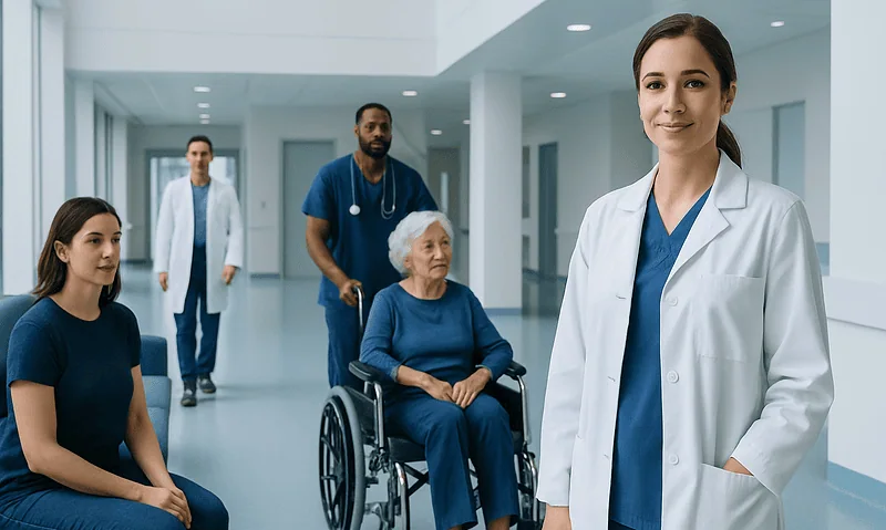 Healthcare professionals and patient in hospital corridor.