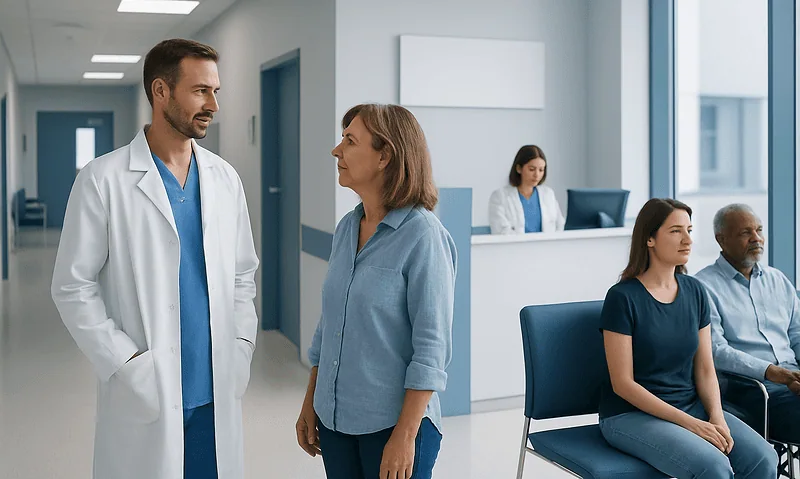 Doctor talking to a patient in a hospital corridor with waiting area.