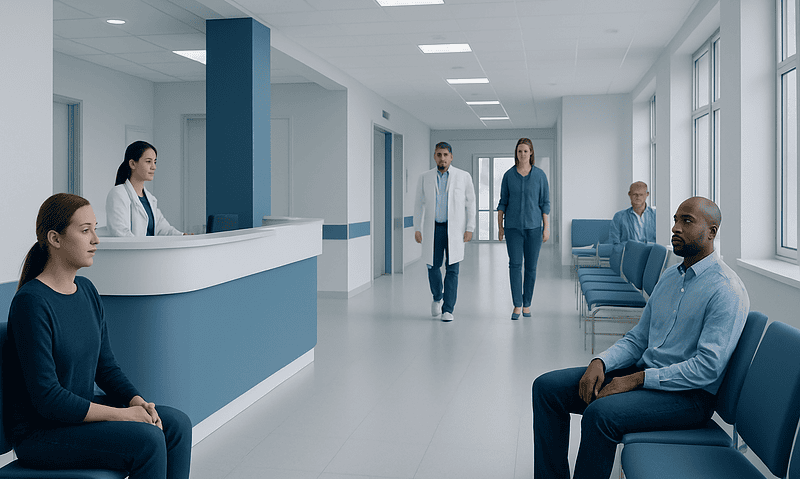 Patients waiting in a modern hospital corridor with medical staff nearby.