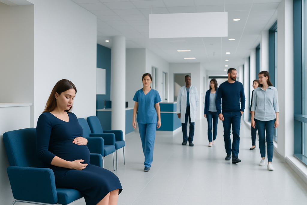 Prodromal Labor: An Evidence-Based Guide for Patients 1 Pregnant woman waiting in hospital corridor with medical staff nearby.
