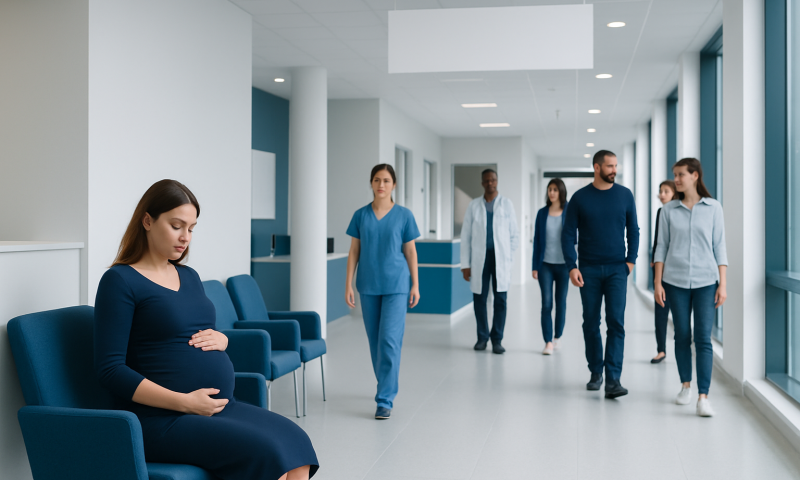 Pregnant woman waiting in hospital corridor with medical staff nearby.