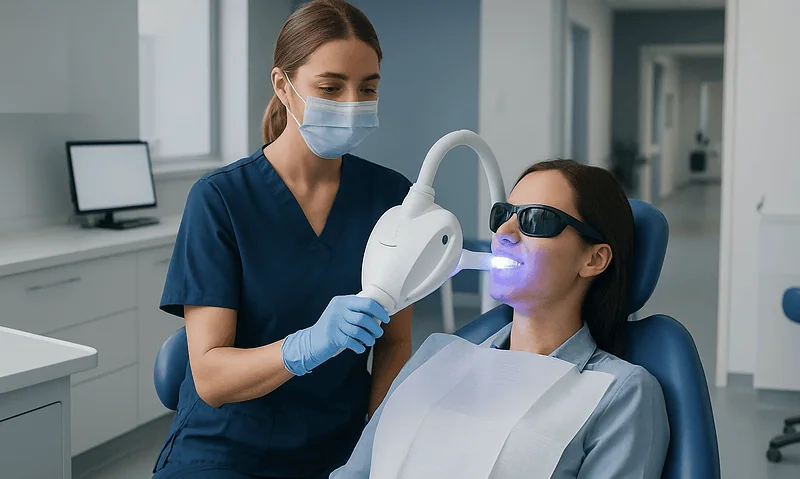 Dental professional performs teeth whitening procedure on patient in clinic.