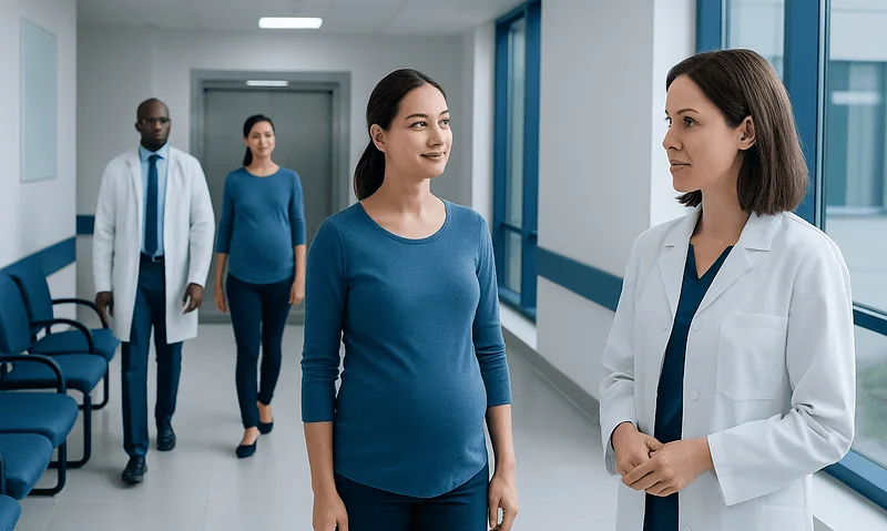 Doctor and patient having a conversation in a hospital corridor.
