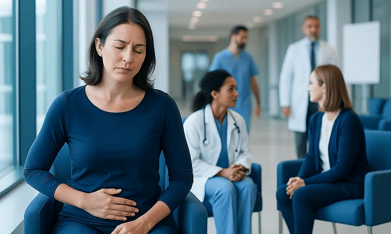 Woman experiencing abdominal pain in a hospital corridor with medical staff nearby.
