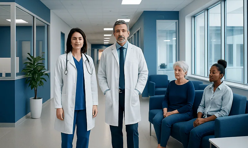 Medical team with patients in a modern hospital corridor.